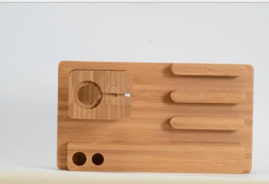 Bamboo charging station with multiple USB ports for charging Apple devices like iPhone, Apple Watch, and iPad