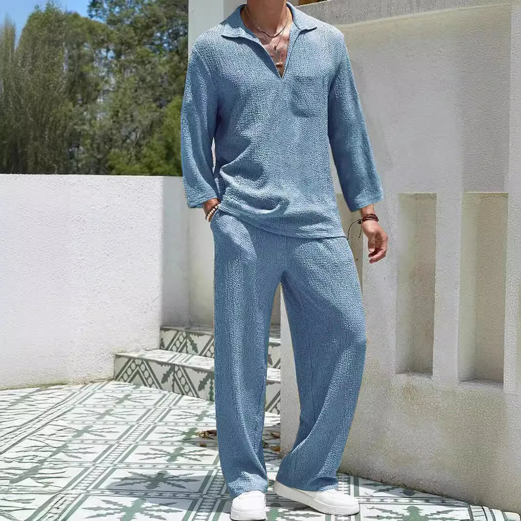 Men's casual shirt trousers commuter suit in lake blue colour with polyester fabric for autumn wear.