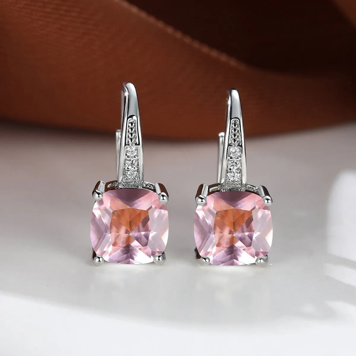 Square zircon inlaid geometric ear hooks in Korean style with electroplated finish