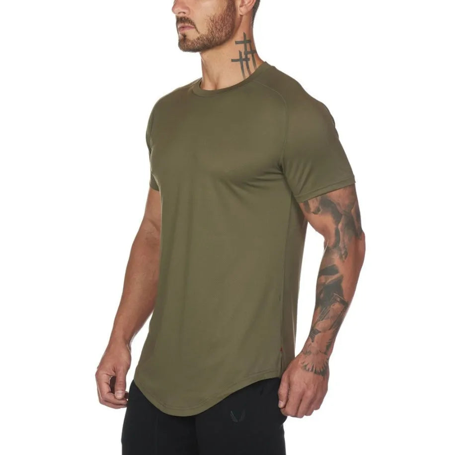 Men's plain grey gym shirt, blouse style, on a hanger showing relaxed fit and cotton-spandex fabric.
