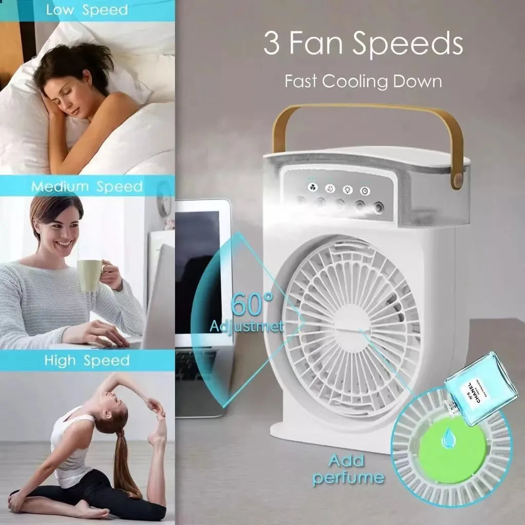 Black portable USB air cooler fan with adjustable head, leather handle, and removable water tank on a desk.