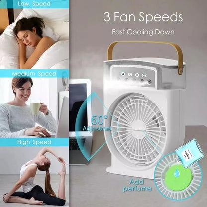 Black portable USB air cooler fan with adjustable head, leather handle, and removable water tank on a desk.