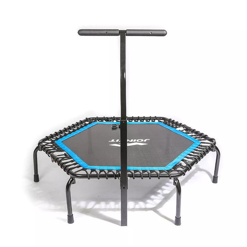 Hexagonal fitness trampoline with handrail for home and gym use