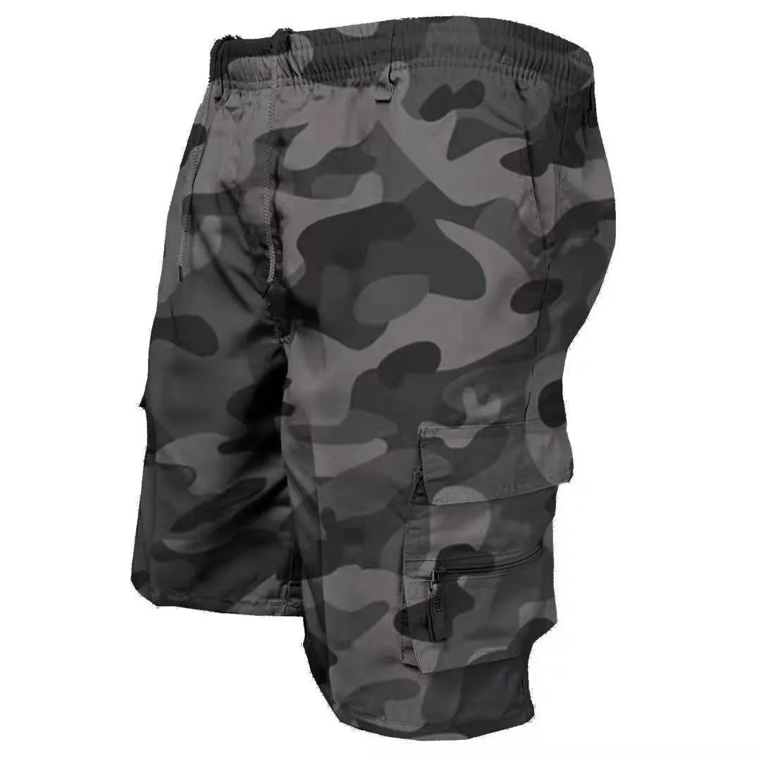 Men's multi-pocket cotton casual shorts in khaki with a drawstring waistband, shown in a loose fit.