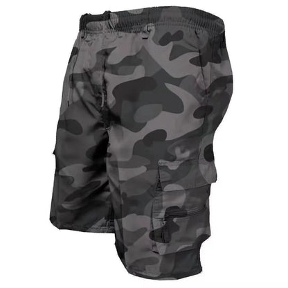 Men's multi-pocket cotton casual shorts in khaki with a drawstring waistband, shown in a loose fit.