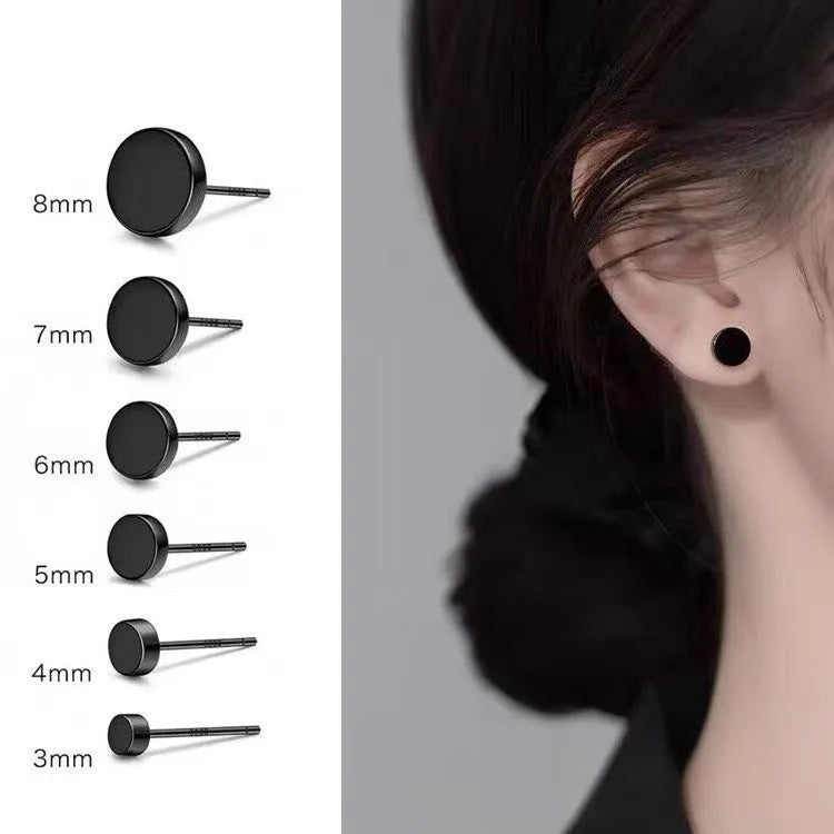 S999 sterling silver round flat bone stud earrings in silver or black, showing size range from 3mm to 8mm.