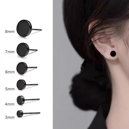 S999 sterling silver round flat bone stud earrings in silver or black, showing size range from 3mm to 8mm.