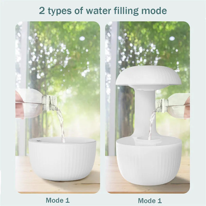 White anti-gravity humidifier showing water droplets appearing to levitate upwards from its base