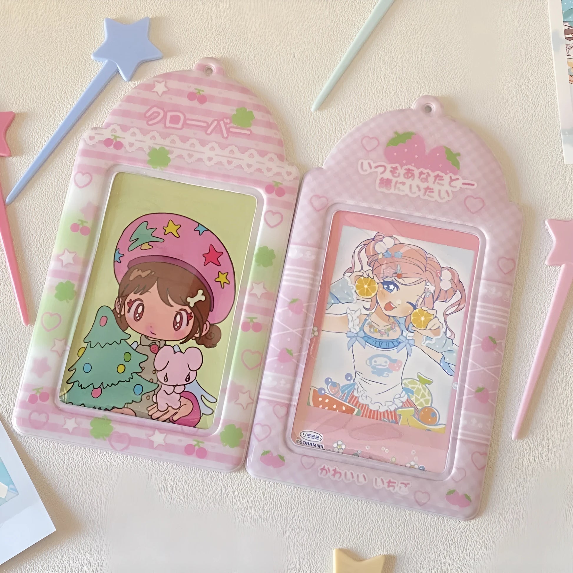 PVC cartoon meal card holder with clear sleeve, strawberry or four-leaf clover design, 7.6x13.6cm