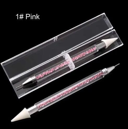 Dual-ended nail dotting pen with wax tip and metal picker for diamond painting and rhinestone placement