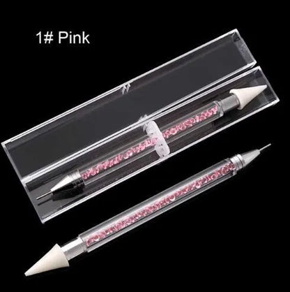 Dual-ended nail dotting pen with wax tip and metal picker for diamond painting and rhinestone placement
