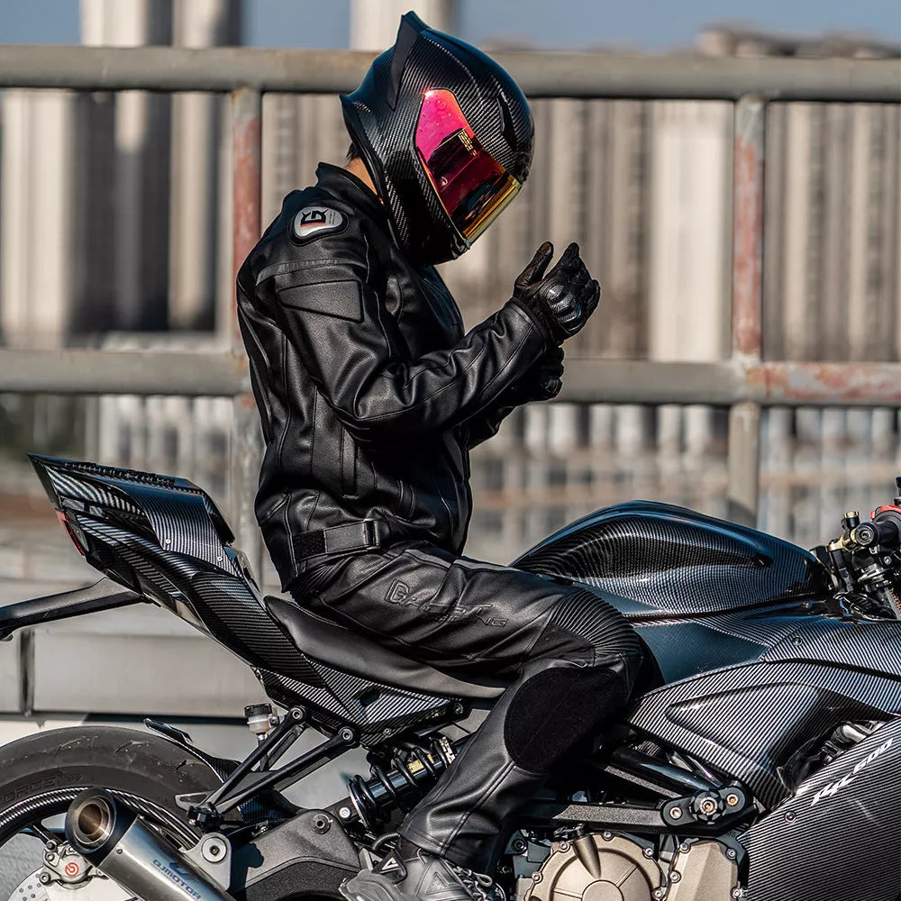 Black wind-proof motorcycle leather pants suit for men and women