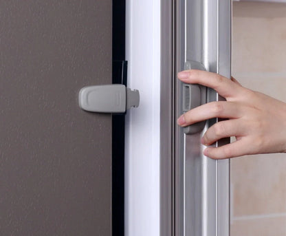 Refrigerator child safety lock in white and grey, featuring a T-type double button for adult one-handed operation