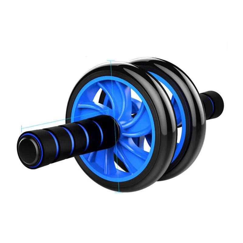 Dark blue double-wheel abdominal roller set with push-up support and palm guard, 16.5cm and 14.5cm rollers