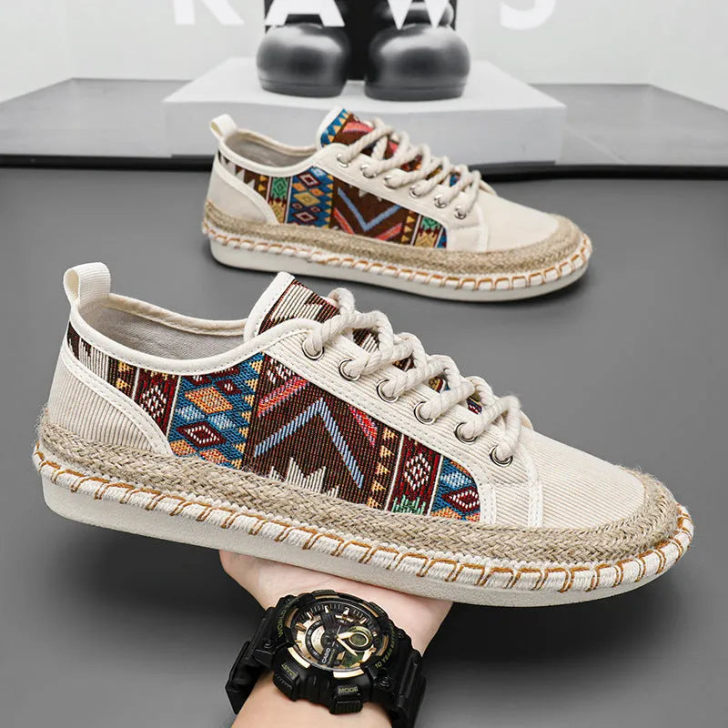 Men's beige and black cloth slip-on casual summer shoes with round toe