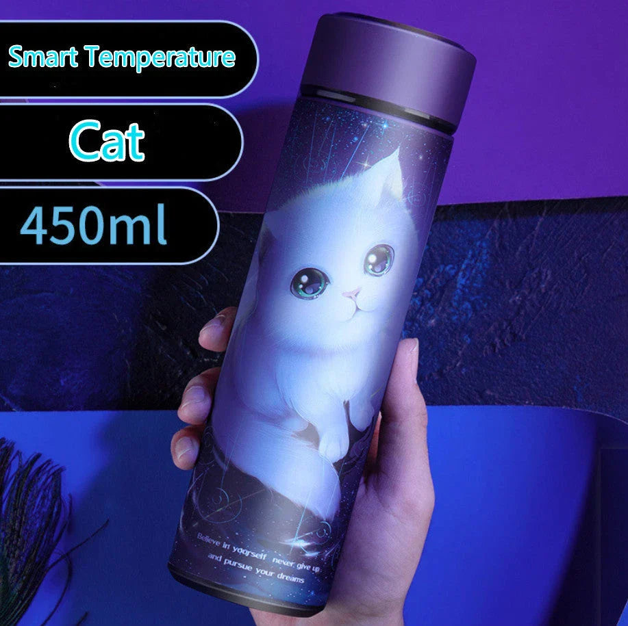 Sleek stainless steel vacuum flask with LED temperature display in various colors and capacities