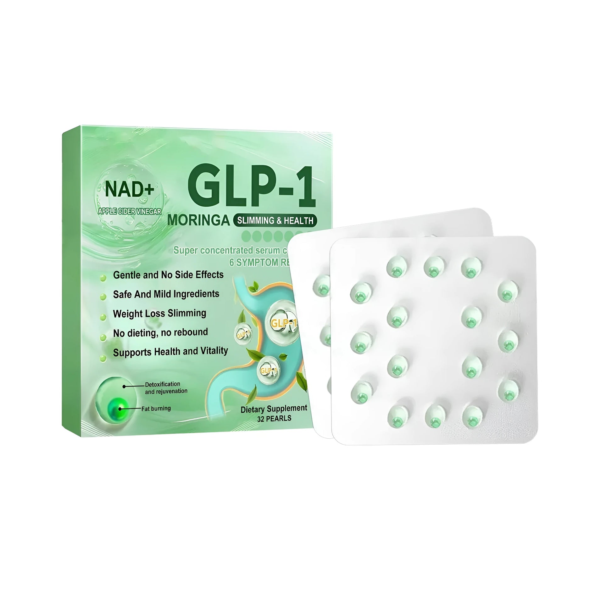 Shaping bursting bead supplement pills with apple vinegar, Moringa leaf extract and NAD+, 32 pearls
