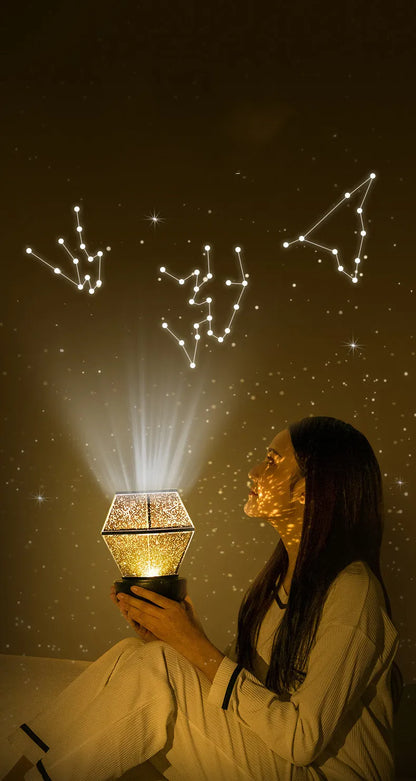 Children's rotating star projector night light showing blue, green, and yellow stars projected on a ceiling.