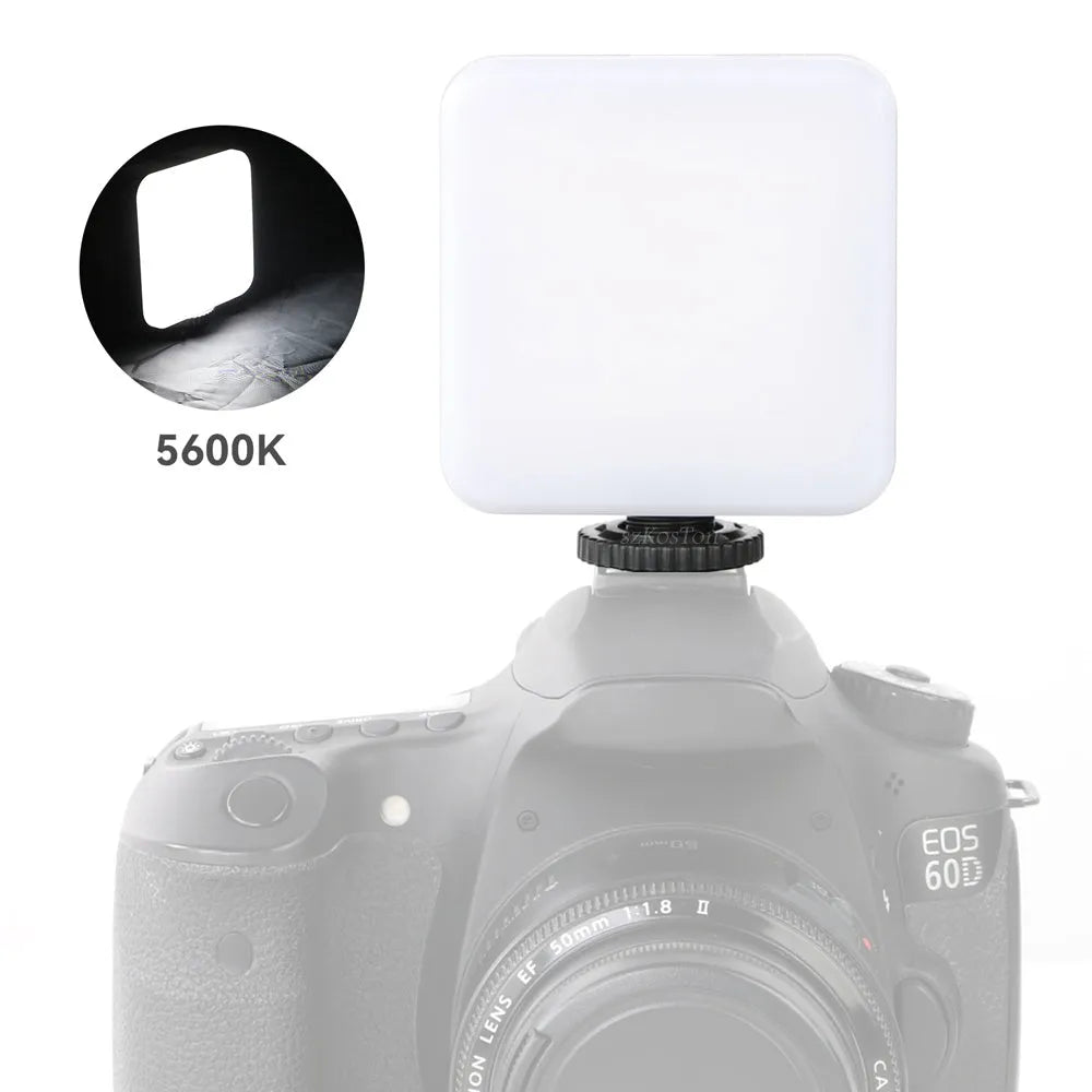 Square LED camera flash with universal hot shoe mount and rotatable head, shown with optional octopus stand tripod.