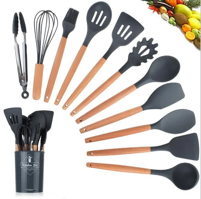 Premium silicone kitchenware set with wooden handle, ideal for cooking and baking