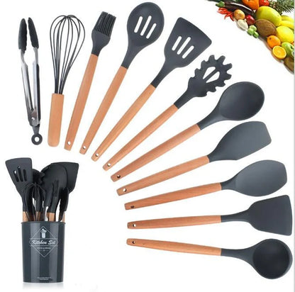 Premium silicone kitchenware set with wooden handle, ideal for cooking and baking