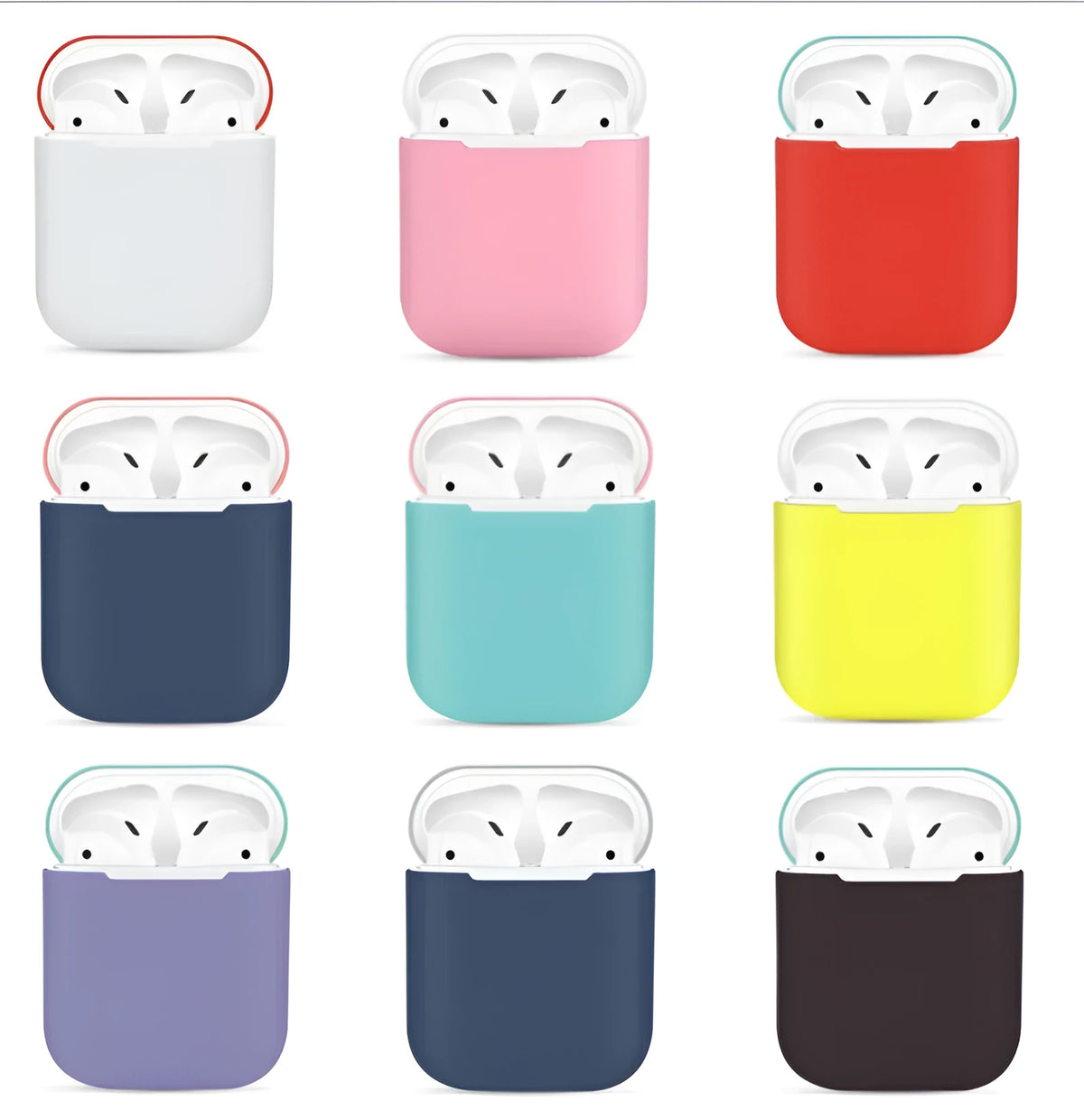 Soft silicone protective case for Apple AirPods charging box in various solid colours.
