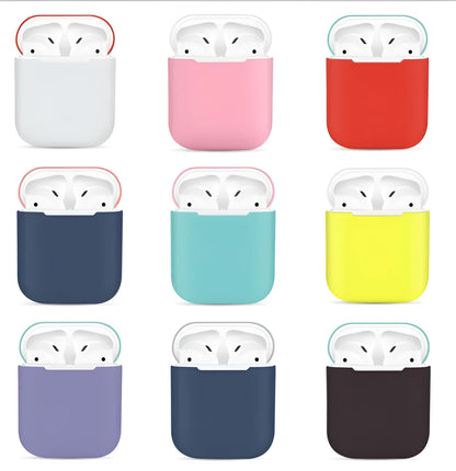Soft silicone protective case for Apple AirPods charging box in various solid colours.