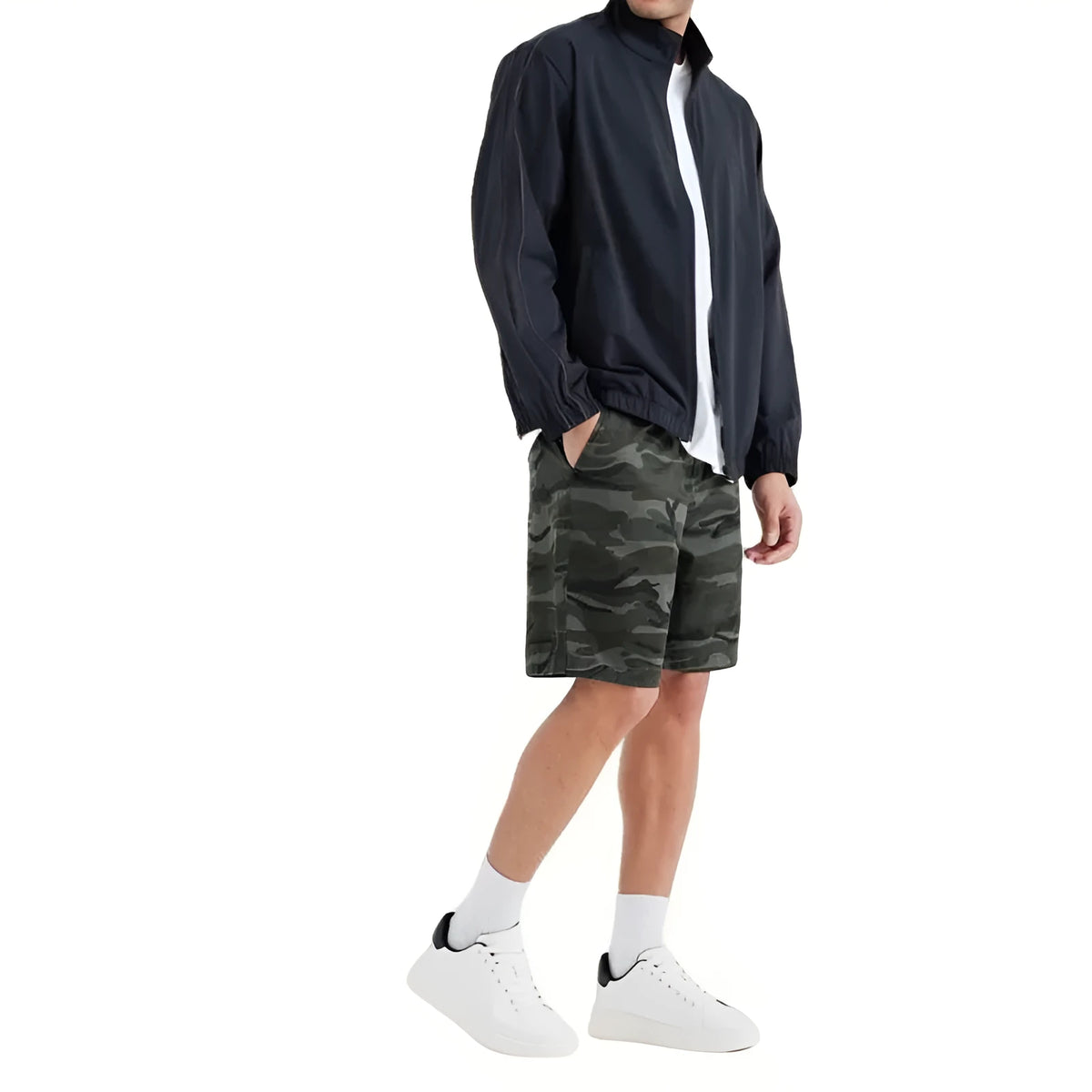 Men's casual shorts in cotton-spandex blend, straight loose fit, mid waist, button fly, available in green grey camo sizes S-3XL