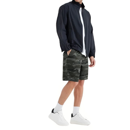 Men's casual shorts in cotton-spandex blend, straight loose fit, mid waist, button fly, available in green grey camo sizes S-3XL