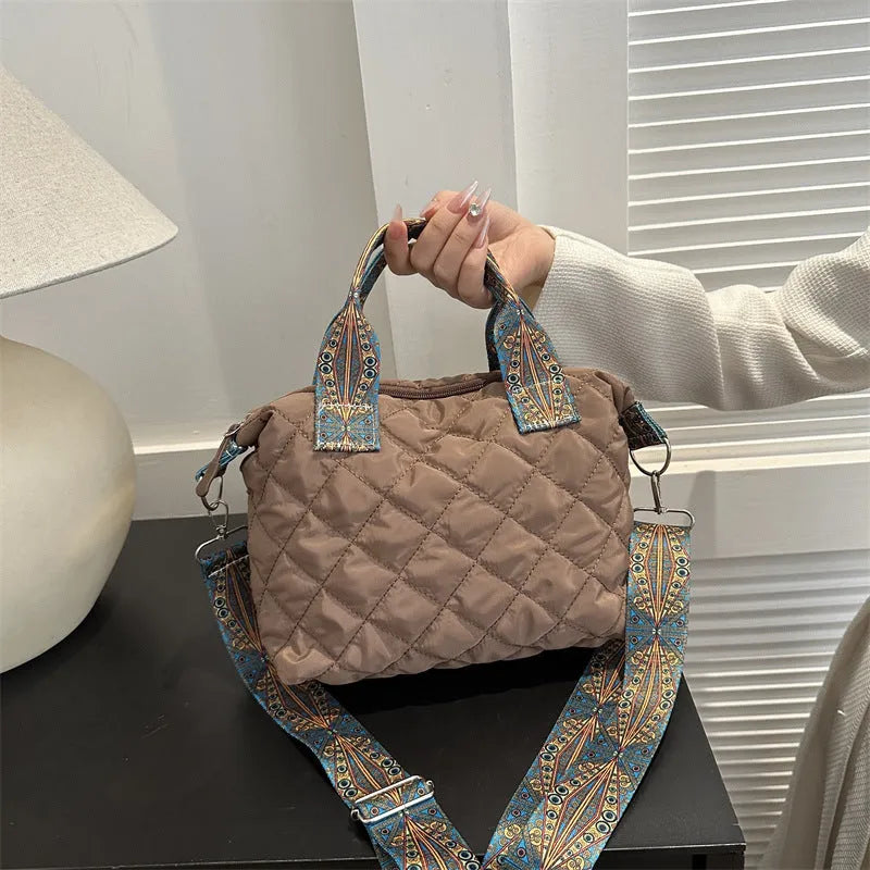 Oxford cloth shoulder messenger bag in horizontal square shape with single strap and sandwich pocket