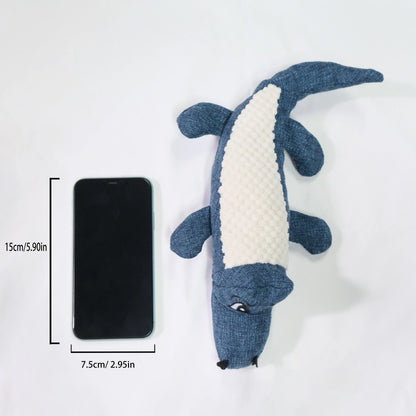 Blue corn grid plush toy for pets with biting sound function next to green and red versions.