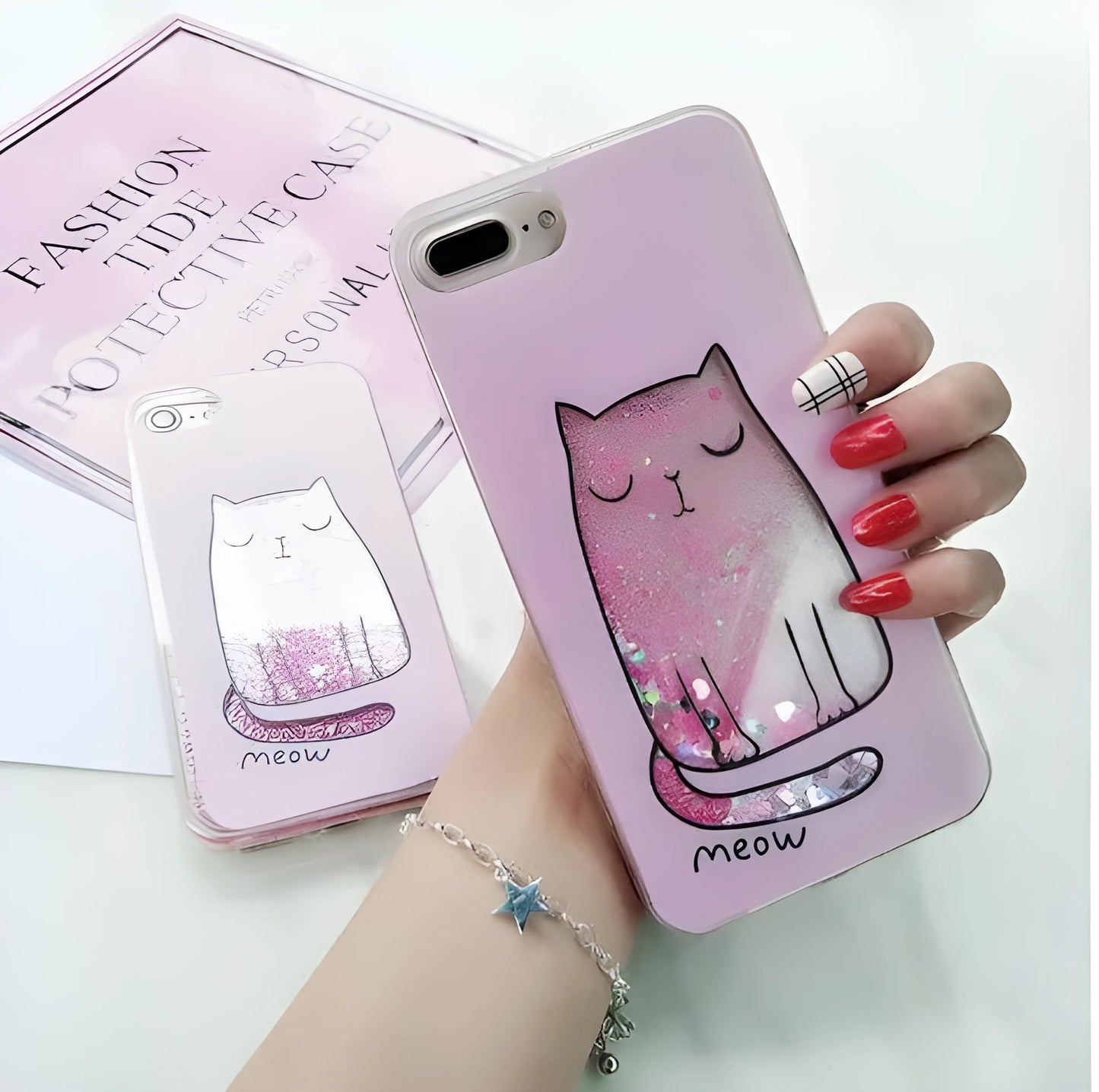 Cat phone case with glitter and bright colours for iPhone, showing precise cutouts for camera and ports