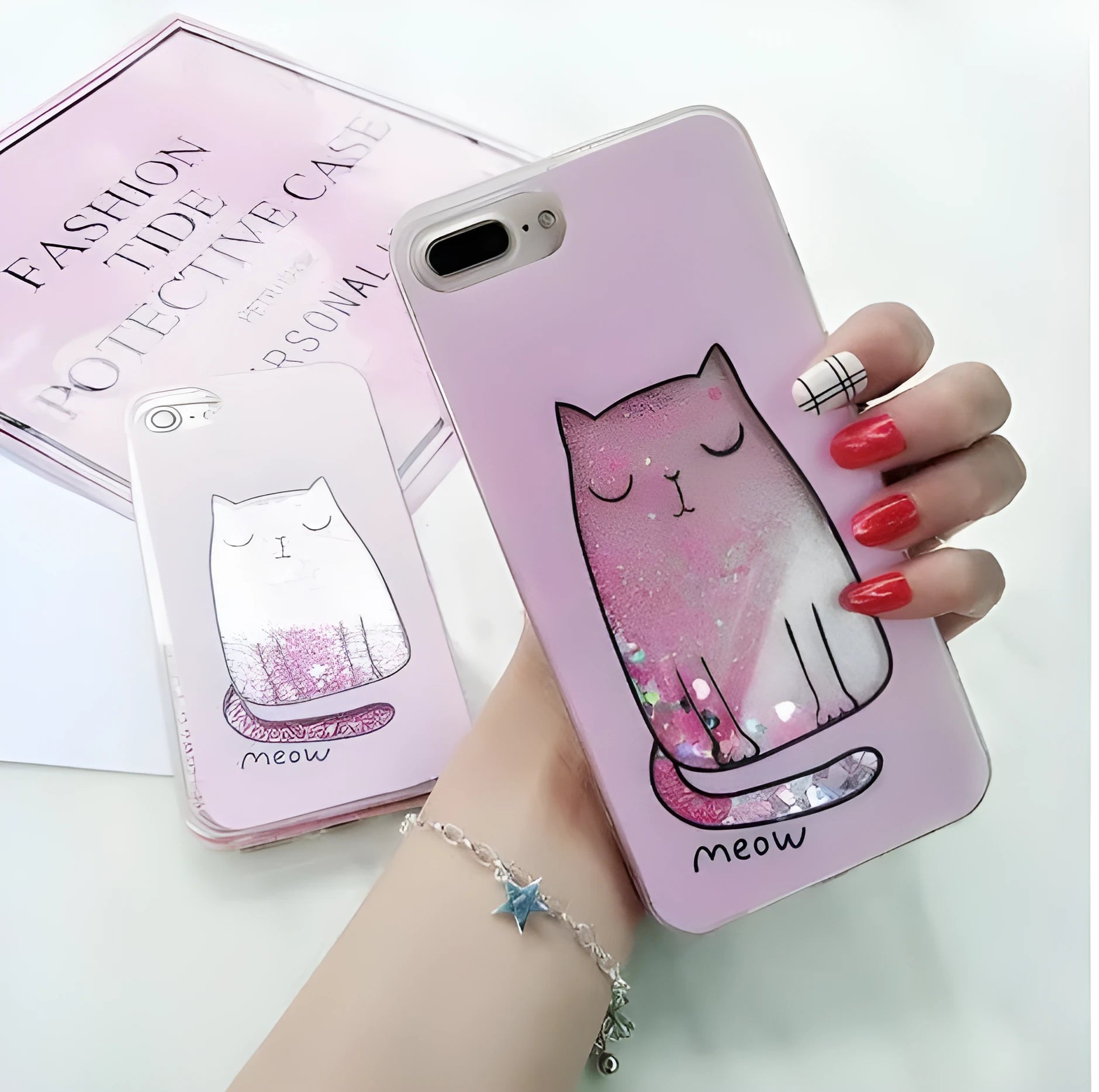 Cat phone case with glitter and bright colours for iPhone, showing precise cutouts for camera and ports