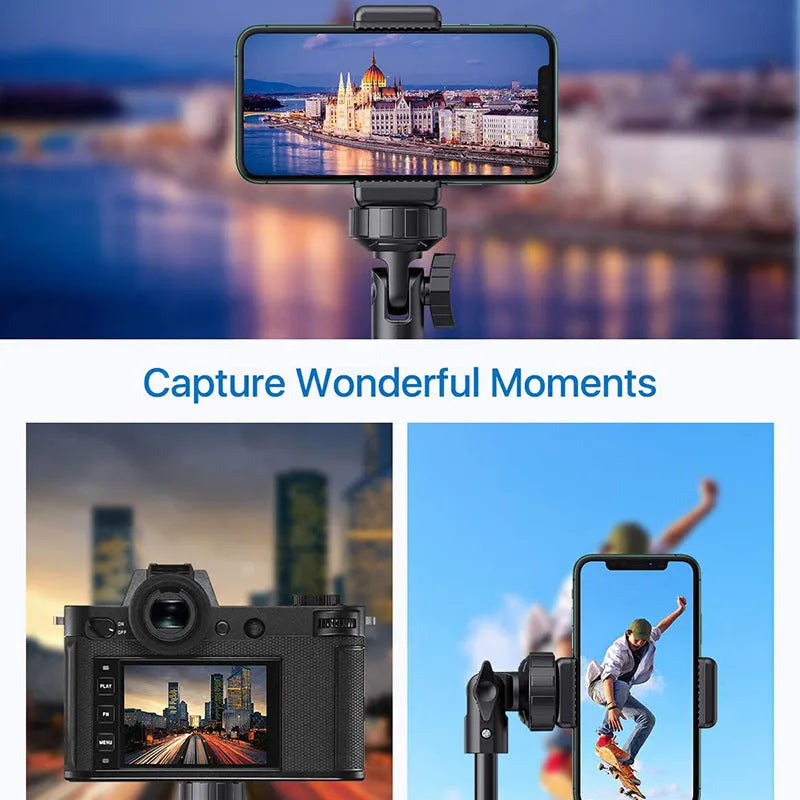 Black aluminium alloy selfie stick tripod compatible with iPhone smartphones