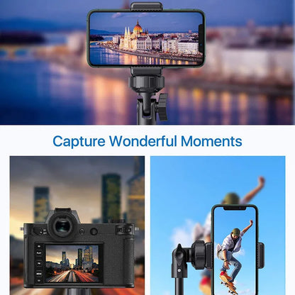 Black aluminium alloy selfie stick tripod compatible with iPhone smartphones