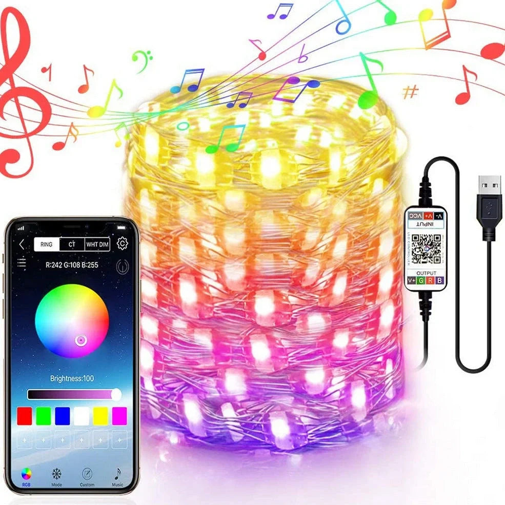 Bluetooth APP-controlled LED light string with flexible copper wire and plastic shell for indoor decoration
