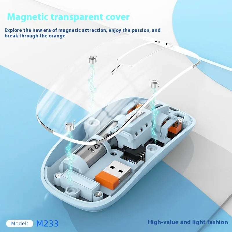 Transparent wireless computer mouse in blue on a desk next to a laptop