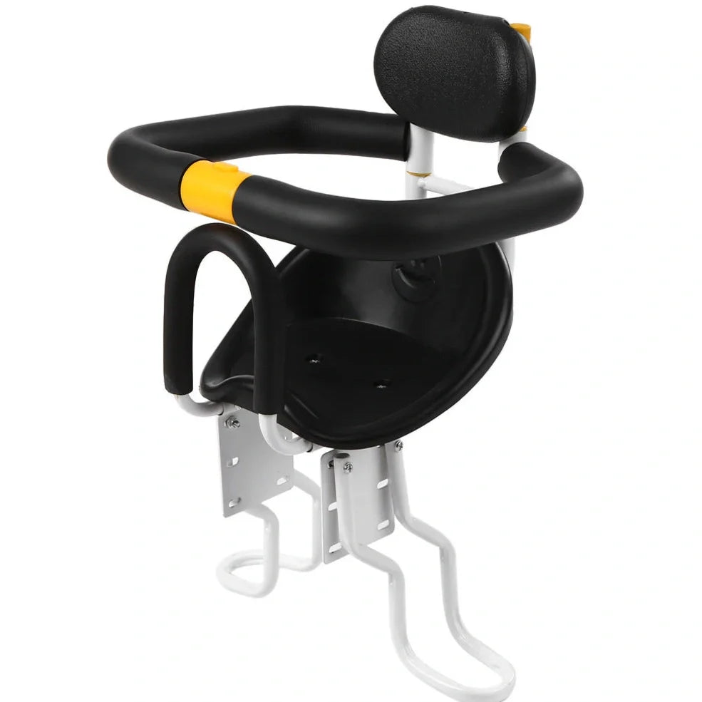 Black front bicycle child seat with 20kg capacity, foldable pedals, and aluminum frame mounted on bike seatpost