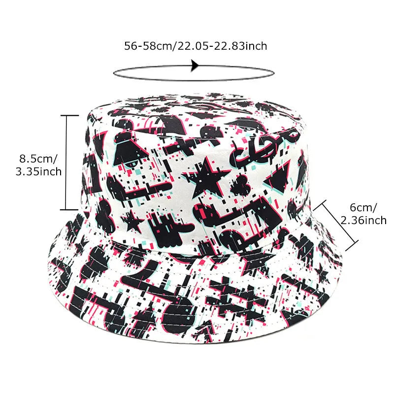 White bucket hat with black musical note pattern print, dome crown shape.