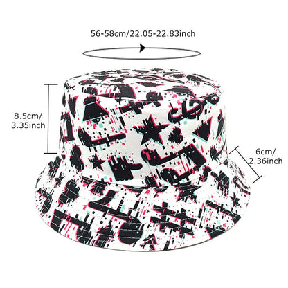 White bucket hat with black musical note pattern print, dome crown shape.