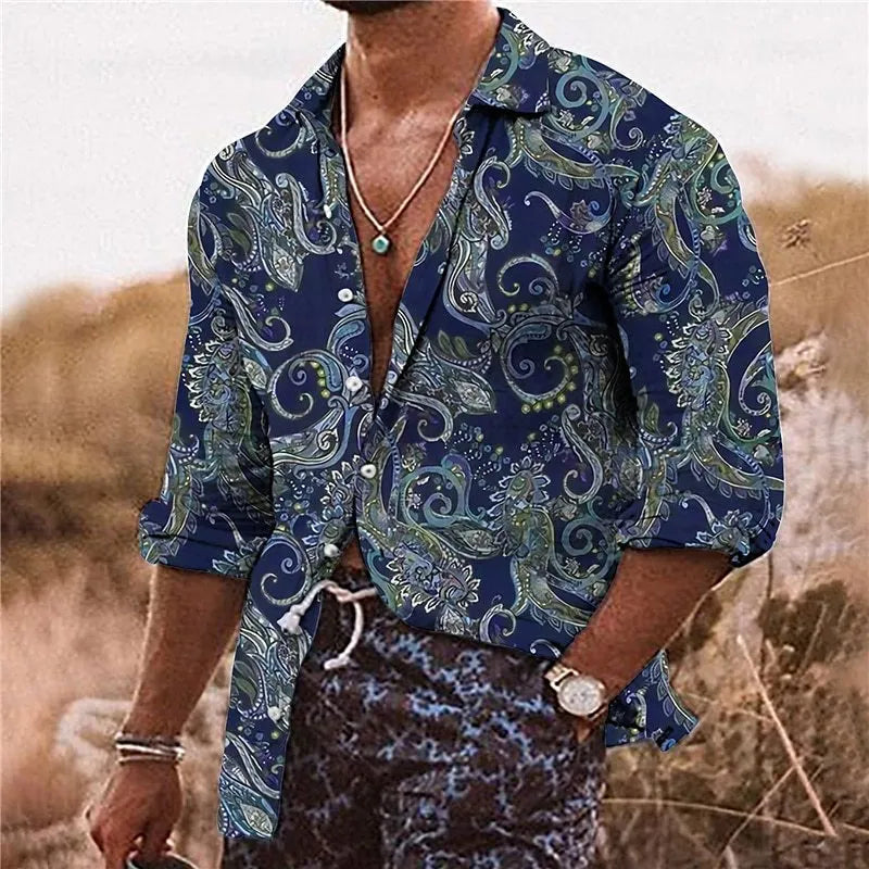Men's bohemian shirt with 3D floral pattern digital printing, loose fit long sleeves