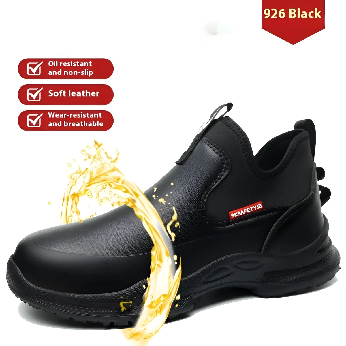 Men's black high-cut waterproof work shoes with rubber anti-slip soles for chefs and kitchen safety.