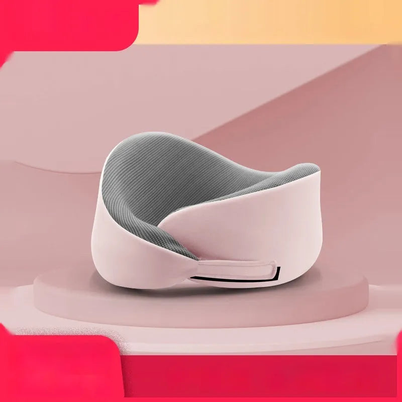 Light grey memory foam U-shaped neck pillow with a magnetic cloth protector.