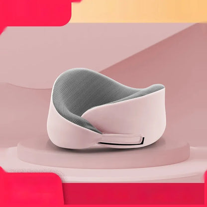 Light grey memory foam U-shaped neck pillow with a magnetic cloth protector.