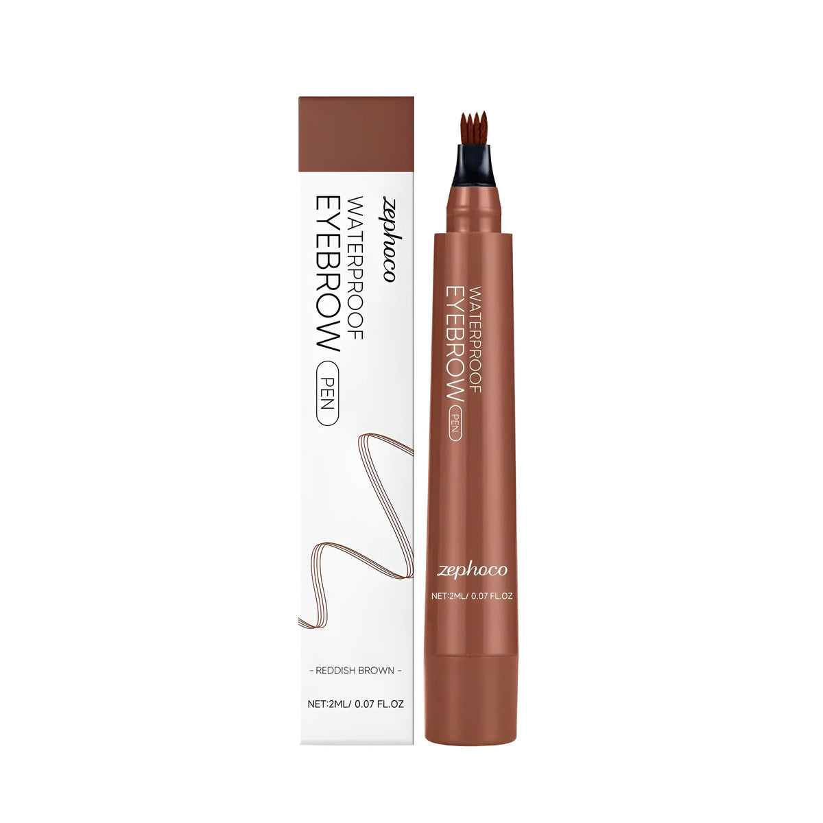 Close-up of a waterproof eyebrow pencil in a dark brown shade on a neutral background.
