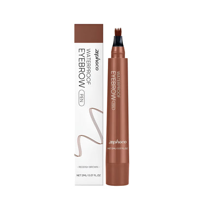 Close-up of a waterproof eyebrow pencil in a dark brown shade on a neutral background.