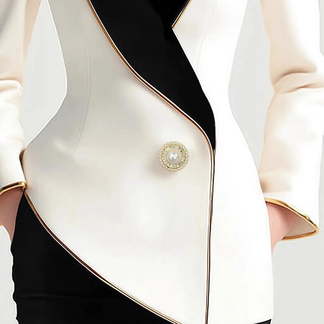 Milky white women's coat with golden edge pearl buttons, long sleeves, medium length