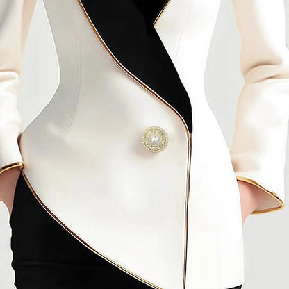 Milky white women's coat with golden edge pearl buttons, long sleeves, medium length