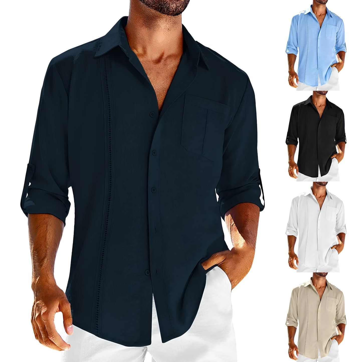 Men's solid colour long sleeve cotton blend shirt with polo collar and lace-trimmed chest pocket