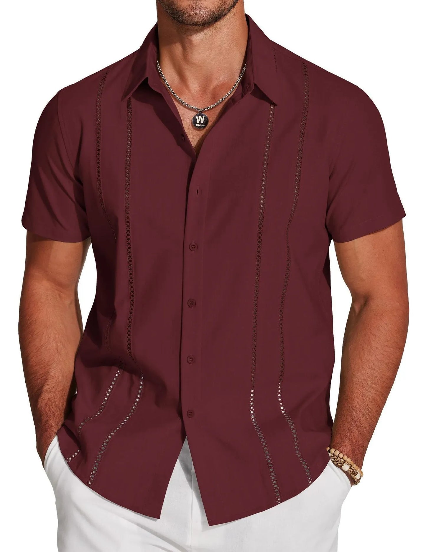 Men's slim fit Hawaiian short sleeve shirt with digital printed pattern on polyester fabric